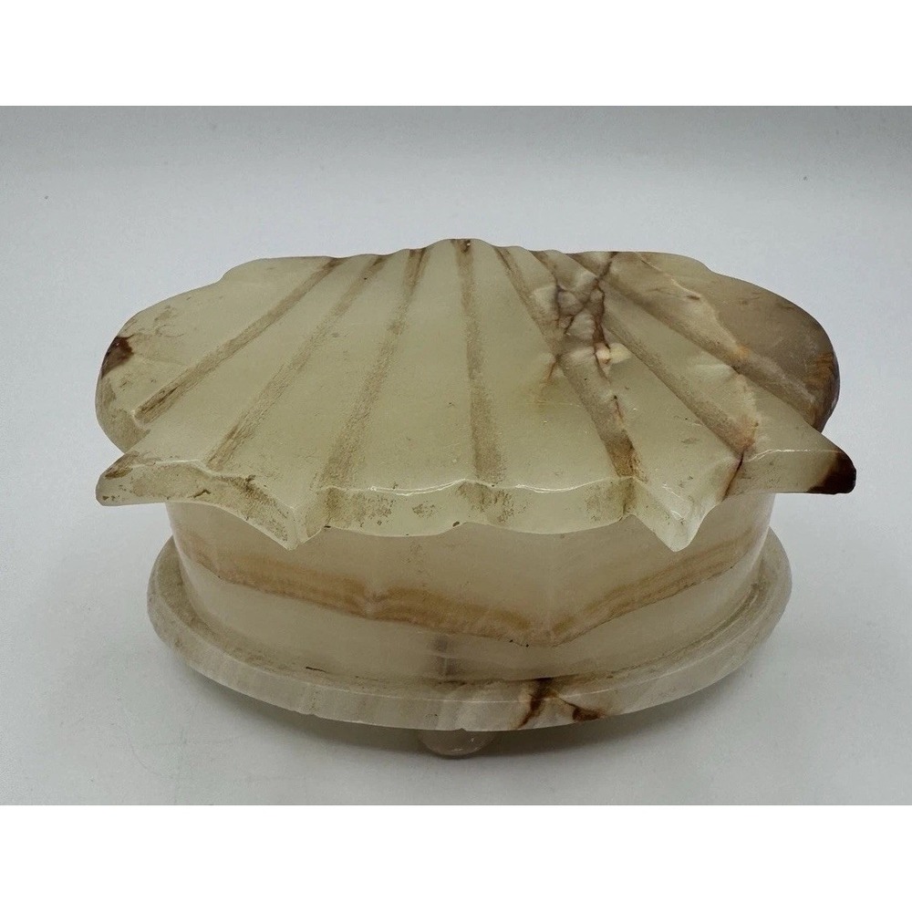 Vintage Onyx Marble Shell Shaped Jewelry Trinket Box Hinged Lid Footed
